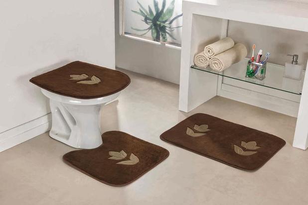 Kit de Tapete de Banheiro 3 Peça Flor Tulipa Marrom com Bege - Guga tapetes Menor preço em Kit de Tapete de Banheiro 3 Peça Flor Tulipa Marrom com Bege - Guga tapetes