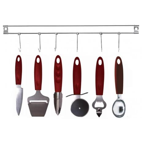 Kit de Utensílios Inox 6 Peças Plus Vinho com Suporte Inox de Parede - Yazi Menor preço em Kit de Utensílios Inox 6 Peças Plus Vinho com Suporte Inox de Parede - Yazi