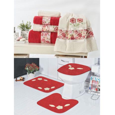Kit Decoração Banheiro = Toalhas de Banho Passione + Jogo de Tapete Margarida Única - Vermelho - Casa scarpa é boa?