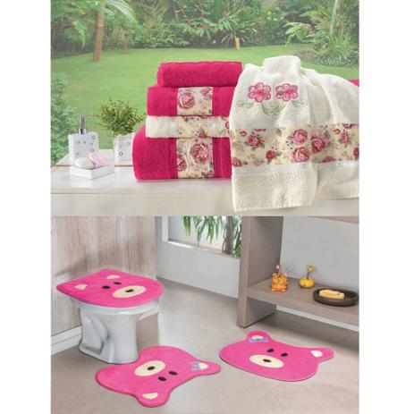 Kit Decoração Banheiro = Toalhas de Banho Passione + Jogo de Tapete Ursinha - Pink - Casa scarpa é boa?