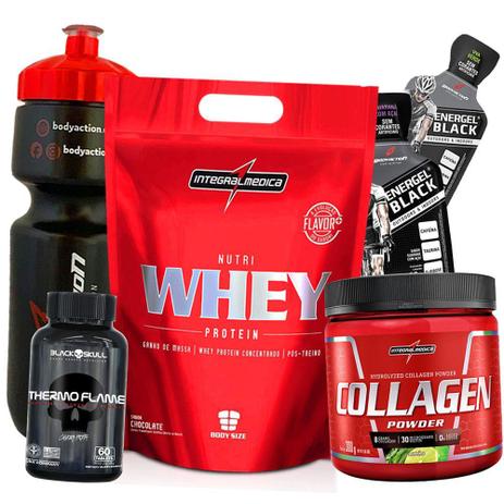 Kit Definição Muscular - Whey hipercalorico+Colageno+Termogenico+Garrafinha+Energel - Integralmedica Menor preço em Kit Definição Muscular - Whey hipercalorico+Colageno+Termogenico+Garrafinha+Energel - Integralmedica