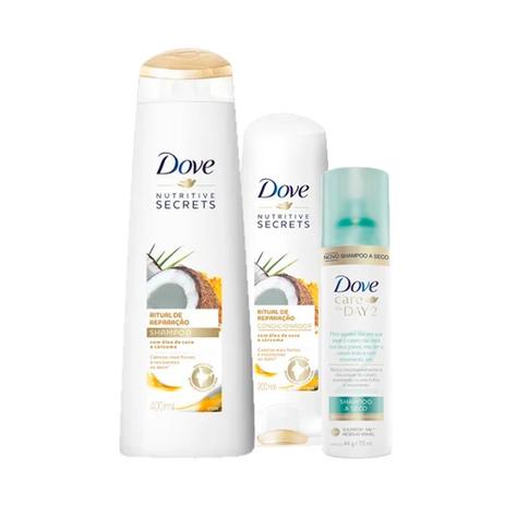 Kit Dove Ritual de Reparação Shampoo 400ml + Condicionador 200ml Ganhe Shampoo a Seco Dove Care On Day 75ml Menor preço em Kit Dove Ritual de Reparação Shampoo 400ml + Condicionador 200ml Ganhe Shampoo a Seco Dove Care On Day 75ml