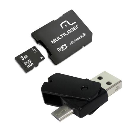 Kit Dual Drive OTG + Adaptador SD + Cartão de Memória Classe 4 8GB Preto Multilaser- MC130 Menor preço em Kit Dual Drive OTG + Adaptador SD + Cartão de Memória Classe 4 8GB Preto Multilaser- MC130