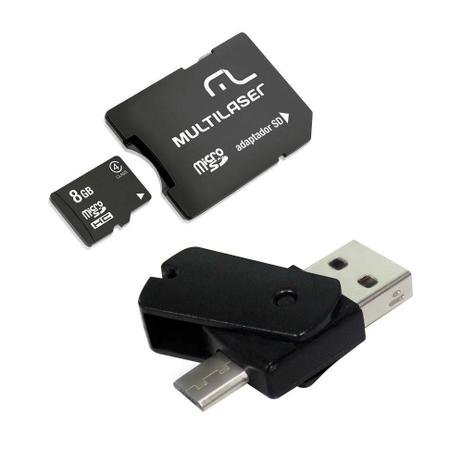 Kit dual drive otg com cartão micro sd 8gb + adaptador micro sd + adaptador pendrive para smartphone/tablet/pc - mc130 multilaser Menor preço em Kit dual drive otg com cartão micro sd 8gb + adaptador micro sd + adaptador pendrive para smartphone/tablet/pc - mc130 multilaser