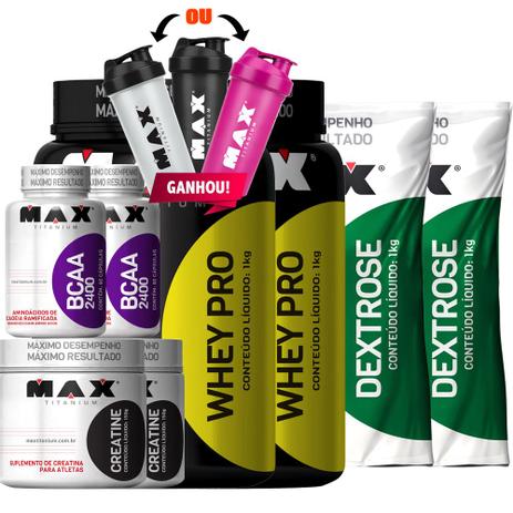 Kit Duplo Dextrose Whey Protein Creatina Bcaa Coq Max Titani - Max titanium Menor preço em Kit Duplo Dextrose Whey Protein Creatina Bcaa Coq Max Titani - Max titanium