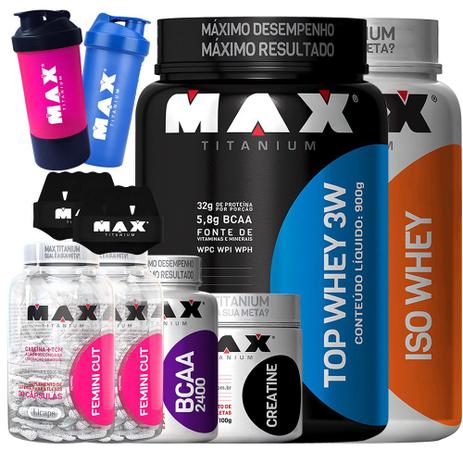 Kit Duplo Iso Whey + Top Whey + Creatina + Bcaa - Max Titani - Max tianium Menor preço em Kit Duplo Iso Whey + Top Whey + Creatina + Bcaa - Max Titani - Max tianium