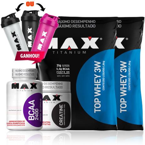 Kit Duplo Top Whey 3w 1,8kg + Creatina 150g + Bcaa 100 Capsu - Max titanium Menor preço em Kit Duplo Top Whey 3w 1,8kg + Creatina 150g + Bcaa 100 Capsu - Max titanium