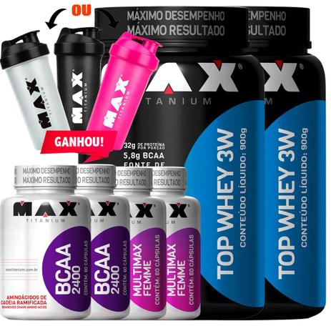 Kit Duplo Whey Protein 3w Multimax Femme Bcaa Coq Max Titanium Menor preço em Kit Duplo Whey Protein 3w Multimax Femme Bcaa Coq Max Titanium