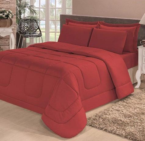 Kit Edredom Aconchego Casa Dona Dupla Face Casal Queen 6 Pçs com Lençol Vermelho Menor preço em Kit Edredom Aconchego Casa Dona Dupla Face Casal Queen 6 Pçs com Lençol Vermelho