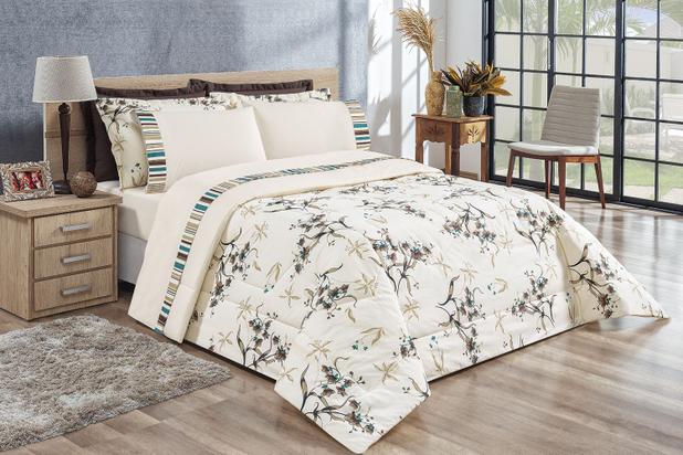 Kit Edredom com Lençol Elegance Estampado 7 Peças Casal Queen Palha - Linda casa Menor preço em Kit Edredom com Lençol Elegance Estampado 7 Peças Casal Queen Palha - Linda casa