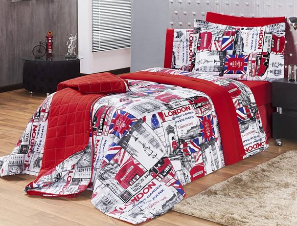Kit Edredom Estampado 150 Fios Solteiro London 03 Peças - Vermelho - Vilela enxovais Menor preço em Kit Edredom Estampado 150 Fios Solteiro London 03 Peças - Vermelho - Vilela enxovais