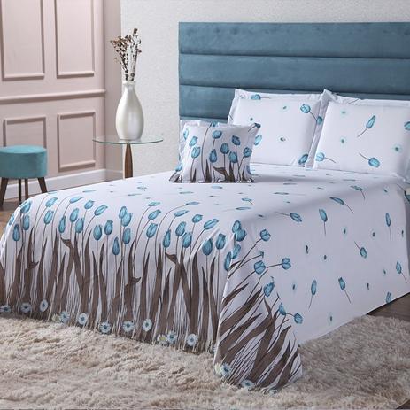 Kit Edredom Floral 5 pçs Queen 180 fios 100% Algodão Branco e Azul Cotex Menor preço em Kit Edredom Floral 5 pçs Queen 180 fios 100% Algodão Branco e Azul Cotex