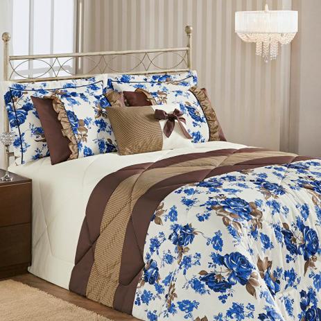 Kit Edredom Queen Estampado Vitória 6 Peças - Floral Azul - Aquarela enxovais Menor preço em Kit Edredom Queen Estampado Vitória 6 Peças - Floral Azul - Aquarela enxovais