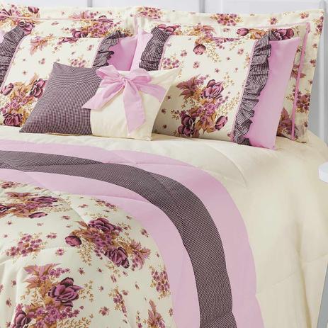 Menor preço em Kit Edredom Vitoria King Palha e Rosa com Porta Travesseiro Floral com 7 peças - Aquarela