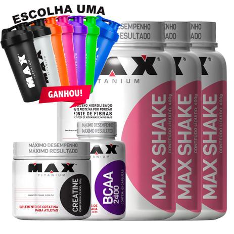 Kit Emagrecedor 3x Max Shake 400g + Bcaa + Creatina Max Tita - Max titanium Menor preço em Kit Emagrecedor 3x Max Shake 400g + Bcaa + Creatina Max Tita - Max titanium