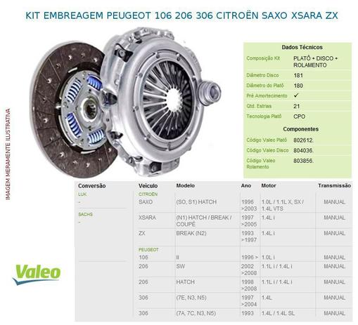 Kit embreagem peugeot 106 206 306 citroën saxo xsara zx - Valeo Menor preço em Kit embreagem peugeot 106 206 306 citroën saxo xsara zx - Valeo