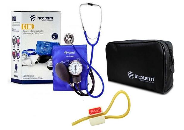 Kit Enfermagem: Aparelho de Pressão com Estetoscópio Clinico Duplo Incoterm Azul + Garrote JRMED Menor preço em Kit Enfermagem: Aparelho de Pressão com Estetoscópio Clinico Duplo Incoterm Azul + Garrote JRMED