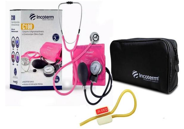 Kit Enfermagem: Aparelho de Pressão com Estetoscópio Clinico Duplo Incoterm Pink + Garrote JRMED Menor preço em Kit Enfermagem: Aparelho de Pressão com Estetoscópio Clinico Duplo Incoterm Pink + Garrote JRMED