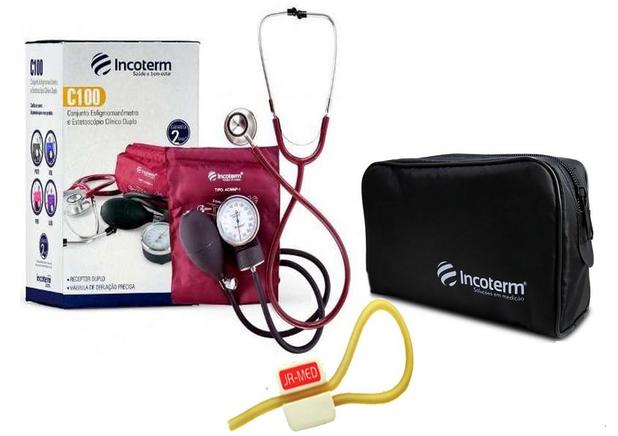 Kit Enfermagem: Aparelho de Pressão com Estetoscópio Clinico Duplo Incoterm Vinho + Garrote JRMED Menor preço em Kit Enfermagem: Aparelho de Pressão com Estetoscópio Clinico Duplo Incoterm Vinho + Garrote JRMED