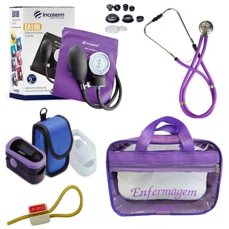 Kit Enfermagem: Aparelho de Pressão com Estetoscópio Rappaport Lilás Incoterm + Oxímetro - G-Tech + Bolsa JRMED Menor preço em Kit Enfermagem: Aparelho de Pressão com Estetoscópio Rappaport Lilás Incoterm + Oxímetro - G-Tech + Bolsa JRMED