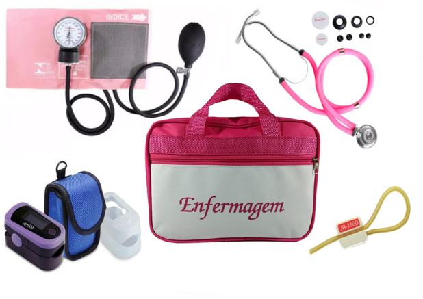 Kit Enfermagem: Aparelho de Pressão com Estetoscópio Rappaport Rosa Premium + Oxímetro - G-Tech + Bolsa JRMED Menor preço em Kit Enfermagem: Aparelho de Pressão com Estetoscópio Rappaport Rosa Premium + Oxímetro - G-Tech + Bolsa JRMED