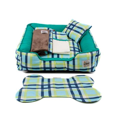 Kit Enxoval Cama Pet para Cachorro e Gato Senhor Bicho Composê - Tamanho GG - Xadrez Azul Verde Menor preço em Kit Enxoval Cama Pet para Cachorro e Gato Senhor Bicho Composê - Tamanho GG - Xadrez Azul Verde