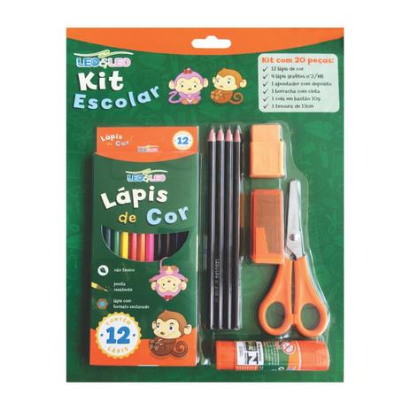 Kit Escolar 20 peças com Lápis de Cor Leo e Leo Menor preço em Kit Escolar 20 peças com Lápis de Cor Leo e Leo