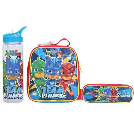 Kit Escolar Lancheira + Estojo + Garrafa DMW PJ Masks Team (11549+11551+11552) Menor preço em Kit Escolar Lancheira + Estojo + Garrafa DMW PJ Masks Team (11549+11551+11552)