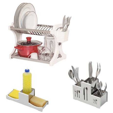 Kit escorredor 12 pratos alto + porta talheres + porta sabão em aço inox Soltecn branco. Menor preço em Kit escorredor 12 pratos alto + porta talheres + porta sabão em aço inox Soltecn branco.