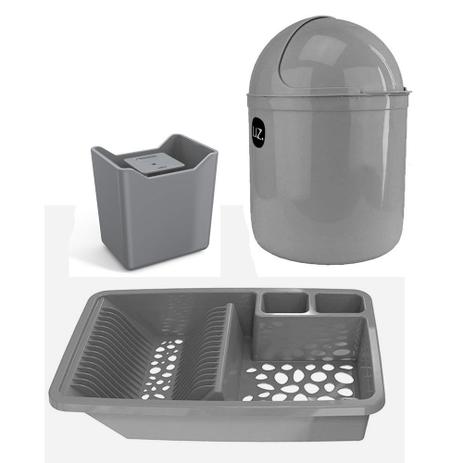 Kit Escorredor Louça Porta Detergente Lixeira Pia Cinza 3pcs - Uz Menor preço em Kit Escorredor Louça Porta Detergente Lixeira Pia Cinza 3pcs - Uz