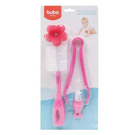 Kit Escova e Pinça para Mamadeira Rosa - Buba Menor preço em Kit Escova e Pinça para Mamadeira Rosa - Buba