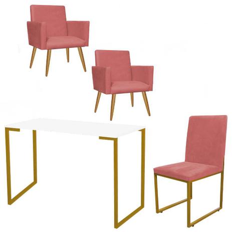 Kit Escritório Stan 2 Poltronas com Cadeira e Mesa Industrial Tampo Branco Dourado Suede Rose Gold - Ahazzo Móveis Menor preço em Kit Escritório Stan 2 Poltronas com Cadeira e Mesa Industrial Tampo Branco Dourado Suede Rose Gold - Ahazzo Móveis