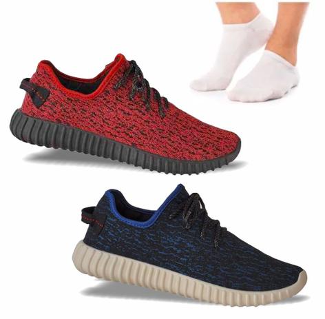 Kit Esporte Com 2 Tênis Masculino Yzy Azul Vermelho 3 Meias - Adaption Menor preço em Kit Esporte Com 2 Tênis Masculino Yzy Azul Vermelho 3 Meias - Adaption