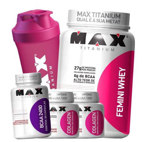 Kit Exclusivo Para Mulher Femini Whey + 2 Colageno + Bcaa - Max titanium Menor preço em Kit Exclusivo Para Mulher Femini Whey + 2 Colageno + Bcaa - Max titanium