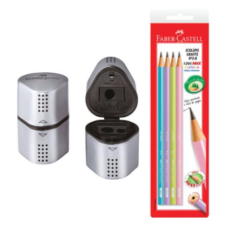 Kit Faber-Castell Apontador com deposito Grip 2001 mais 4 Lapis 1205 Max Menor preço em Kit Faber-Castell Apontador com deposito Grip 2001 mais 4 Lapis 1205 Max