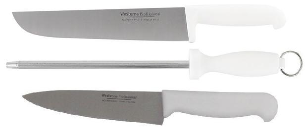 Kit Faca Para Carne 8 Polegadas Chaira Estriada 8 Polegadas E Faca De Cozinha 6 Polegadas Cabo Branco Em Inox Profissional Western FC8CH8FZ6WESTERN Menor preço em Kit Faca Para Carne 8 Polegadas Chaira Estriada 8 Polegadas E Faca De Cozinha 6 Polegadas Cabo Branco Em Inox Profissional Western FC8CH8FZ6WESTERN