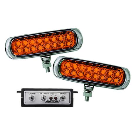 Kit Farol Auxiliar Estrobo Âmbar Autopoli Retangular Capa cromada 12V / 24V 16 LEDs - 9 Efeitos Menor preço em Kit Farol Auxiliar Estrobo Âmbar Autopoli Retangular Capa cromada 12V / 24V 16 LEDs - 9 Efeitos