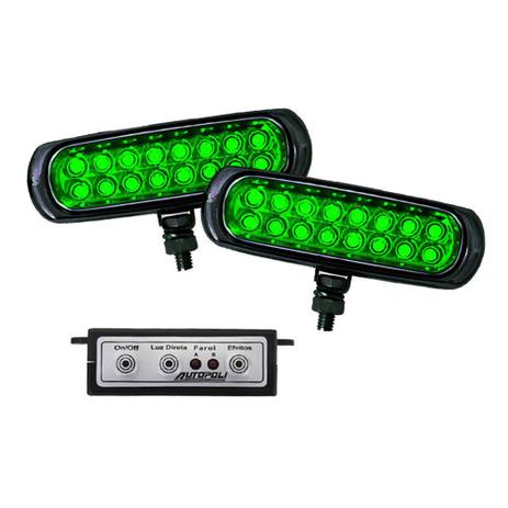 Kit Farol Auxiliar Estrobo Verde Autopoli Retangular Capa Preta 12V / 24V 16 LEDs - 9 Efeitos Menor preço em Kit Farol Auxiliar Estrobo Verde Autopoli Retangular Capa Preta 12V / 24V 16 LEDs - 9 Efeitos