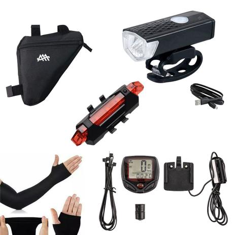 Kit Farol Bike Bicicleta Profissional Com Velocimetro, Sinalizador, Manguito e Bolsa para Bike Menor preço em Kit Farol Bike Bicicleta Profissional Com Velocimetro, Sinalizador, Manguito e Bolsa para Bike