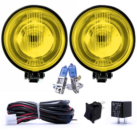 Kit Farol Milha Universal Redondo Carcaça Preta Lente Amarela Auxiliar 115mm - Fortluz Menor preço em Kit Farol Milha Universal Redondo Carcaça Preta Lente Amarela Auxiliar 115mm - Fortluz