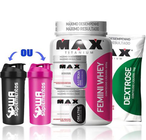 Kit Femini 600g + Dextrose + Creatina + Bcaa Drink + Coq Max - Max titanium Menor preço em Kit Femini 600g + Dextrose + Creatina + Bcaa Drink + Coq Max - Max titanium