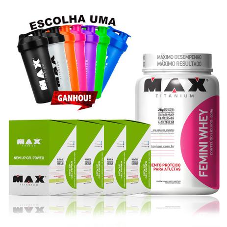 Kit Femini Whey 600g + 4x New Up Gel Caixa C/10 Und - Max - Max titanium Menor preço em Kit Femini Whey 600g + 4x New Up Gel Caixa C/10 Und - Max - Max titanium