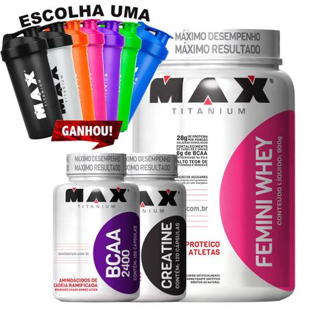 Kit Femini Whey 900g + Creatina 120 + Bcaa 2400 Max Titanium Menor preço em Kit Femini Whey 900g + Creatina 120 + Bcaa 2400 Max Titanium