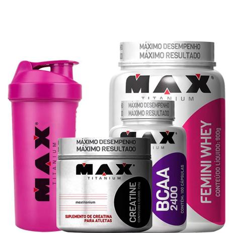 Kit Femini Whey Baunilha + Bcaa + Creatine - Max Titanium + Coqueteleira Menor preço em Kit Femini Whey Baunilha + Bcaa + Creatine - Max Titanium + Coqueteleira