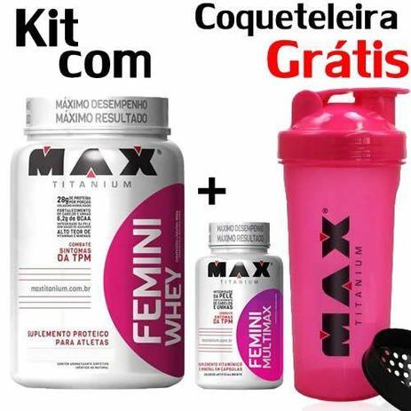 Kit Femini Whey Chocolate + Multimax Femme 60 cáps + Grátis Coqueteleira - Max Titanium Menor preço em Kit Femini Whey Chocolate + Multimax Femme 60 cáps + Grátis Coqueteleira - Max Titanium