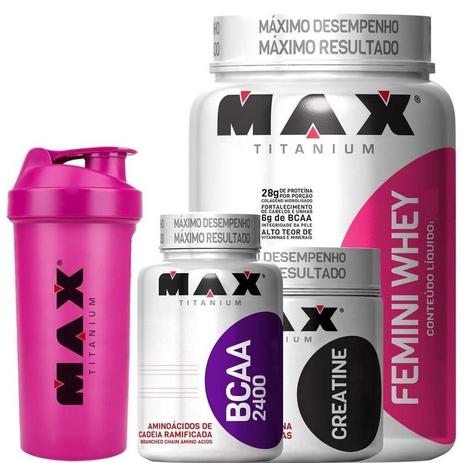 Kit Femini Whey Feminino 900g + Bcaa + Creatina + Shaker Max - Max titanium Menor preço em Kit Femini Whey Feminino 900g + Bcaa + Creatina + Shaker Max - Max titanium