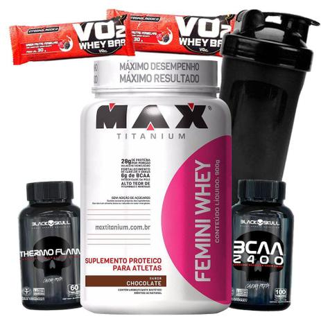 Kit Femini Whey Protein Feminino + Bcaa + Termogenico - Max titanium Menor preço em Kit Femini Whey Protein Feminino + Bcaa + Termogenico - Max titanium