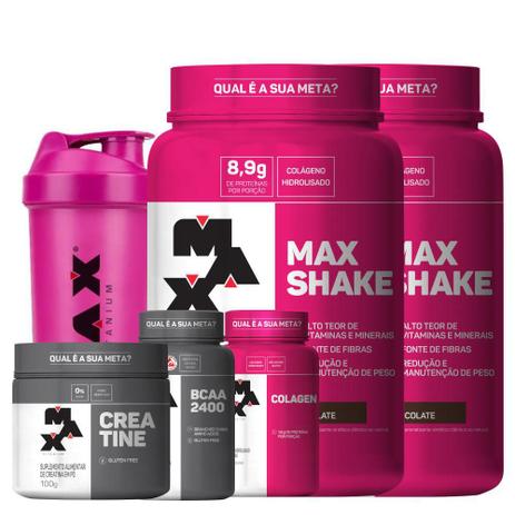 Kit Feminino 3: 2x Max Shake 400g + BCAA 60 cáps + Creatina 100g + Colagen 100 cáps + Coqueteleira - Max Titanium Menor preço em Kit Feminino 3: 2x Max Shake 400g + BCAA 60 cáps + Creatina 100g + Colagen 100 cáps + Coqueteleira - Max Titanium