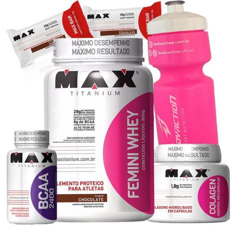 Kit Feminino Academia Musculação - Whey Protein 900g Bcaa 2400 Colageno 100caps Squeeze Copo Wey - Max titanium Menor preço em Kit Feminino Academia Musculação - Whey Protein 900g Bcaa 2400 Colageno 100caps Squeeze Copo Wey - Max titanium