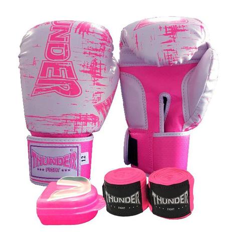 kit feminino Boxe / Muay Thai / Kickboxing - luva 10 oz branca risco rosa + bandagem + protetor bucal - Thunder Fight - REF 1108 Menor preço em kit feminino Boxe / Muay Thai / Kickboxing - luva 10 oz branca risco rosa + bandagem + protetor bucal - Thunder Fight - REF 1108